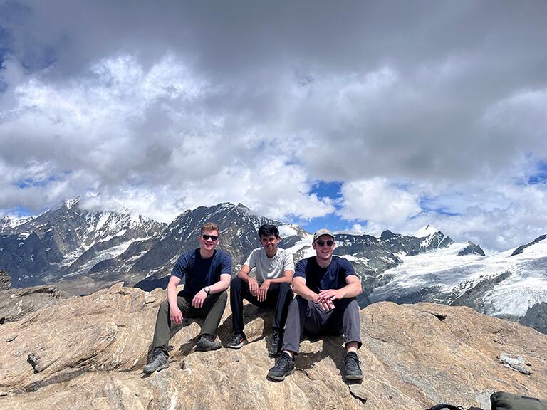 Hiking to a summit in Zermatt across from the famous Matterhorn Mountain.