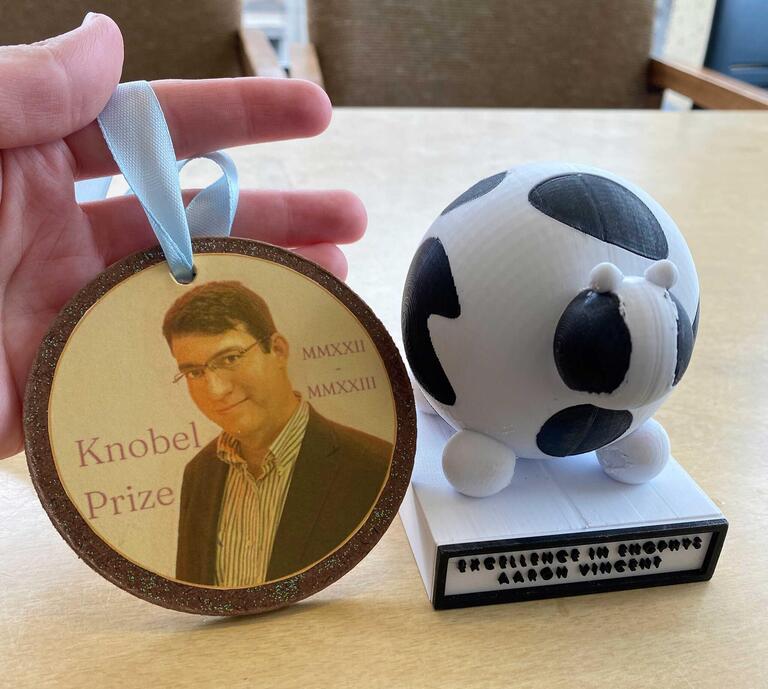 Fun "Knobel Prizes" were given out to professors as voted on by the students! The spherical cow prizes, also voted on by students, were given out for Excellence in Instruction in the Engineering Physics Program (winner: Aaron Vincent), Excellence in Instruction in the Pure Physics Program (winner: Sarah Sadavoy), and the Geoff Lockwood Award for Excellence in Teaching Physics (winner: Greg van Anders). 