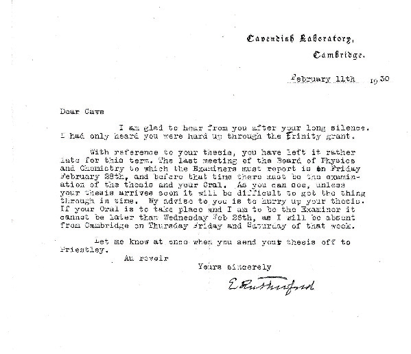 Cave Rutherford Letter from 1930