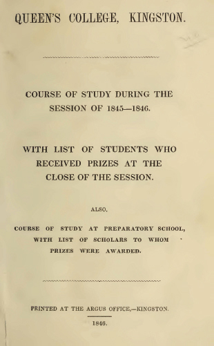 Front page of the 1845-46 calendar of Queen's College, Kingston, Ontario