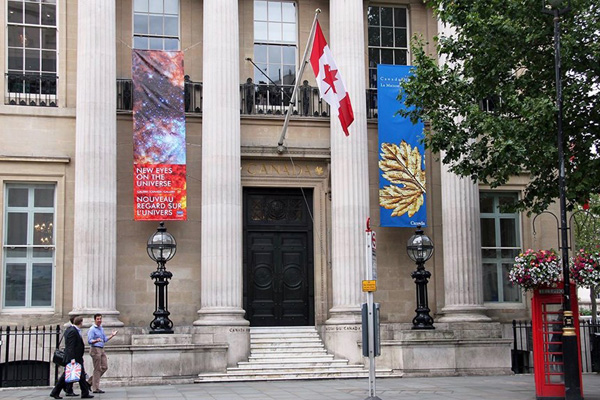Photo of Canada House in London promoting New Eyes on the Universe Exhibit.