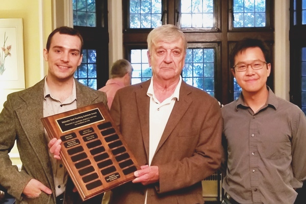Prof. Stott with the two TA winners. Left, Matthew McNish (Fall 2016) and Benjamin Tam (Winter 2017)