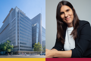 Maïka Sondarjee and a picture of The World Bank