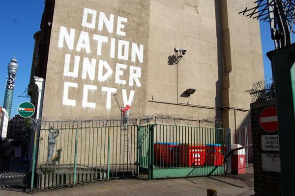 One nation under CCTV Banksy Date: 2008 Style: Conceptual Art, Street art Genre: graffiti