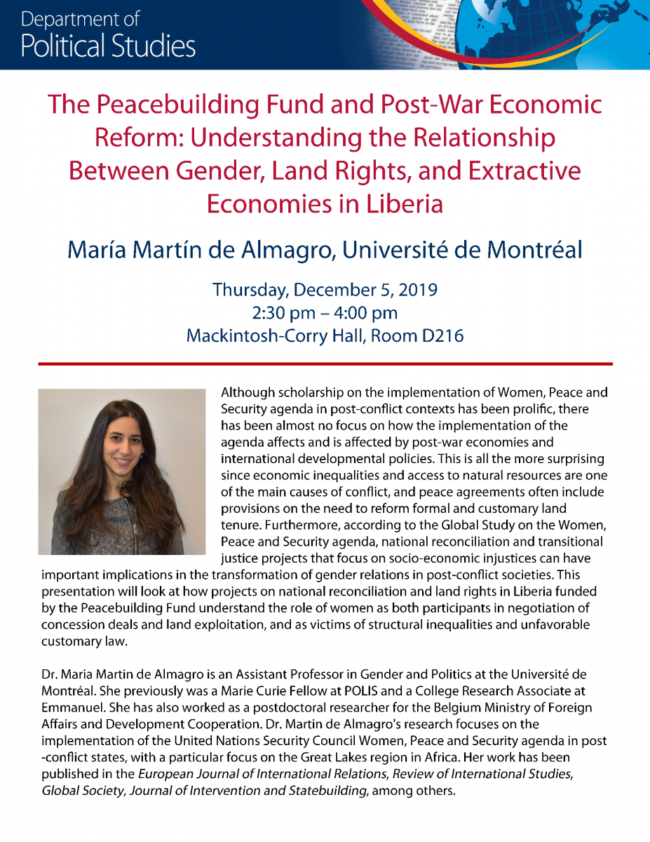Speaker Series: "The Peacebuilding Fund and post-war economic reform: Understanding the relationship between gender, land rights and extractive economies in Liberia" - Maria Martin de Amagro