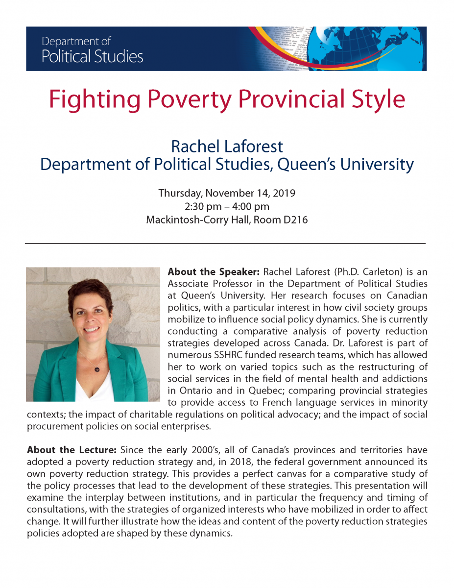 Speaker Series: "Fighting Poverty Provincial Style" - Rachel Laforest