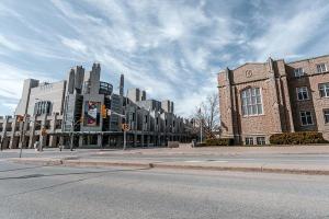 campus shot at Union and University streets showing Stauffer Library and JDUC