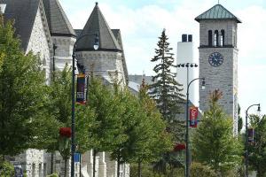 looking down University Avenue, Grant Hall clock tower in the distance