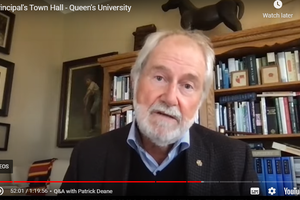 Screen shot of Patrick Deane delivering town hall 