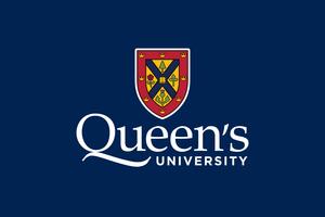 "Queen's University" written in white with blue background