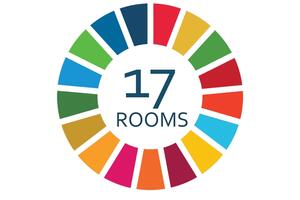 Wheel of various colours that says 17 rooms in center