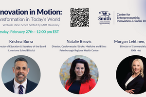 Innovation in Motion poster with three circles with photos of the three speakers inside