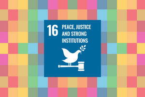 Grid of different coloured squares with a blue block in the middle that says 16 Peace, Justice and Strong Institutions and a dove on a gavel