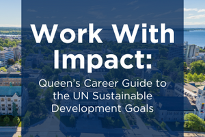 work with impact text over bird's eye view of Queen's campus