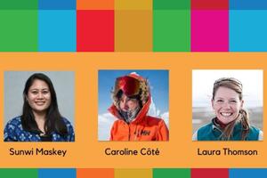 Women Plus Water Conversations Panelists headshots in between SDG Week colourful block banners. 