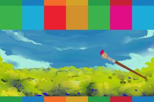 Paintbrush painting forest between SDG Week colourful block banners.