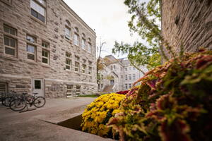 Yellow mums in a planter beside a limestone building on Queen's campus.