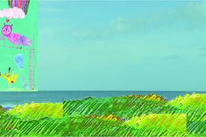 blue, green and yellow colourful mural with one person on the left