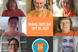 Collage photo of principal and office staff wearing orange shirts with Every Child Matters shirt logo included in image
