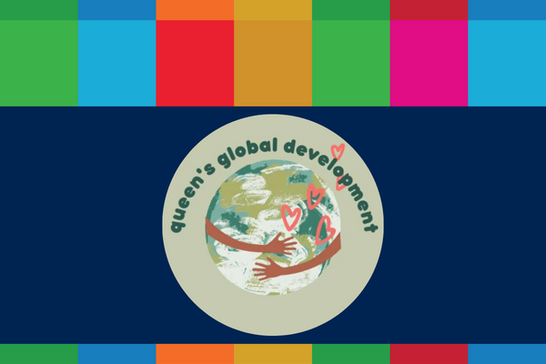 Logo of two hands hugging a world, with the words "Queen's Global Development" above it.
