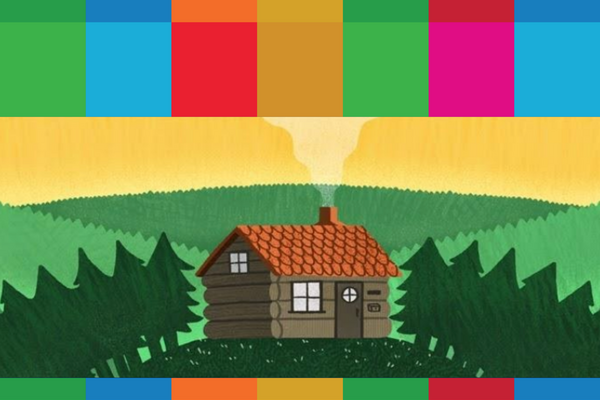 Digital drawing of a cabin in the woods with smoke coming out of the chimney 