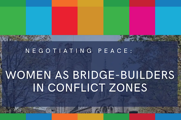 "Women as Bridge-Builders in Conflict Zones" in a blue semi-transparent text box, with a limestone building behind it.