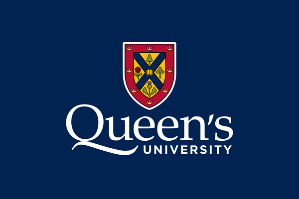 Queen's coat of arms on blue background