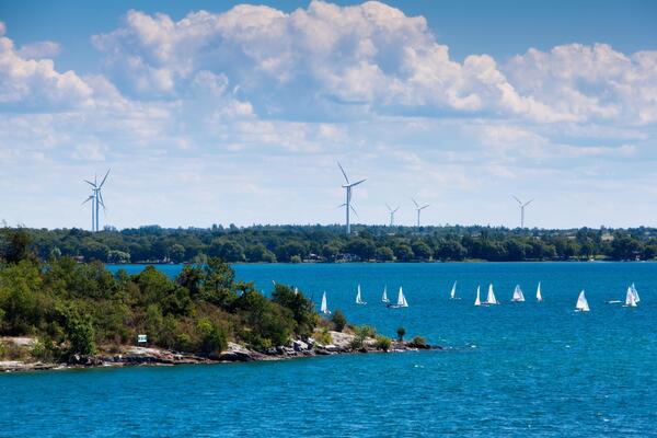 Lake Ontario with sailboats and windmills