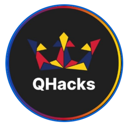 QHacks logo: blue, red, and yellow crown on black background.