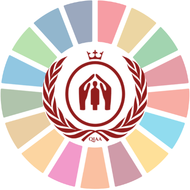 The SDG ring (a ring made up of 17 colours separated into "slices") around an intricate red logo.