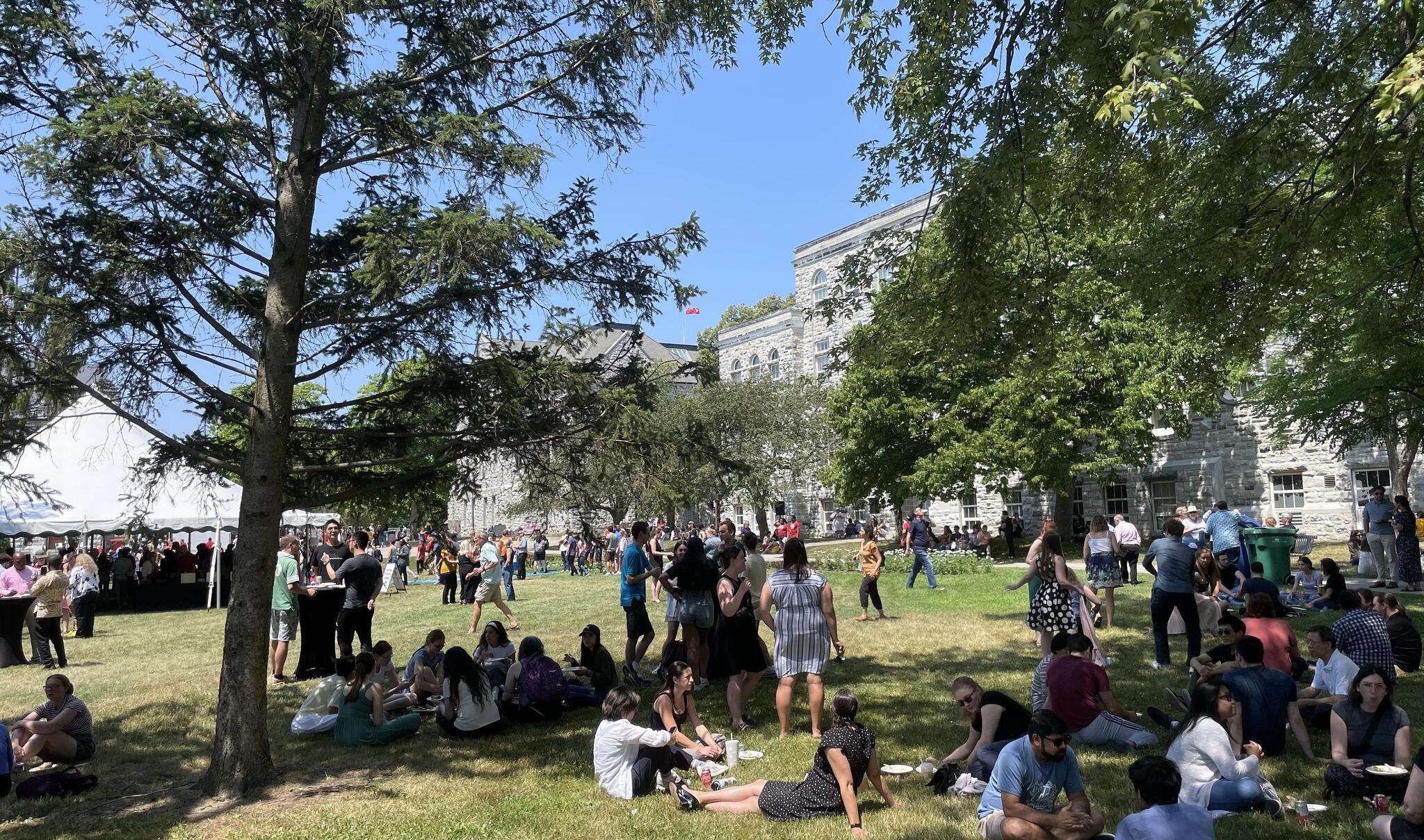 People sitting and standing on grass eating and talking
