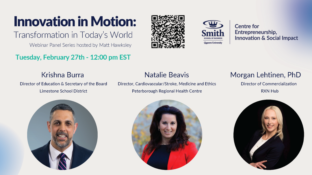 Innovation in Motion event details and three circles with photos of speakers inside