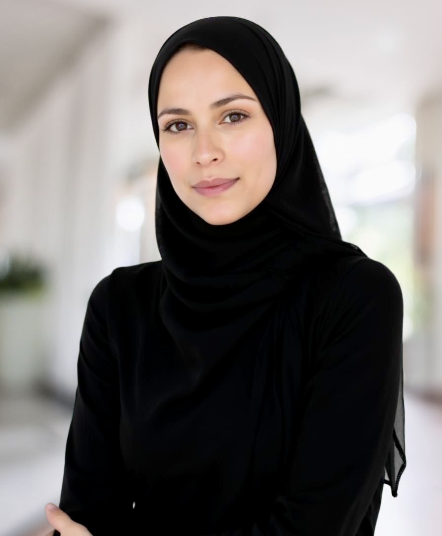 Woman in black hijab with her arms folded in front of black background.