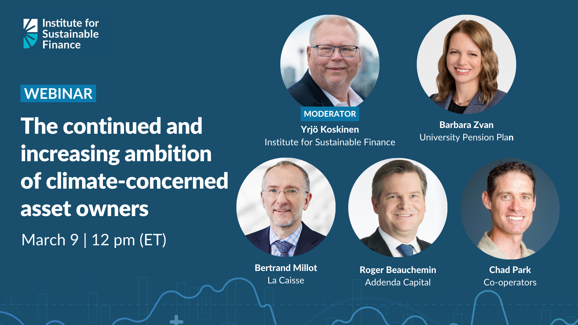 Five headshots of four men and one woman stacked on top of each other with the text "The continued and increasing ambition of climate-concerned asset owners" to the left.