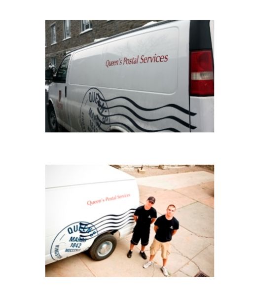 "Queen's postal services van and postal services team members"