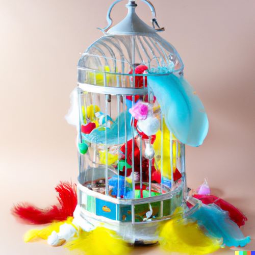 old-fashioned bird case with bright multi-coloured feathers in and out of it