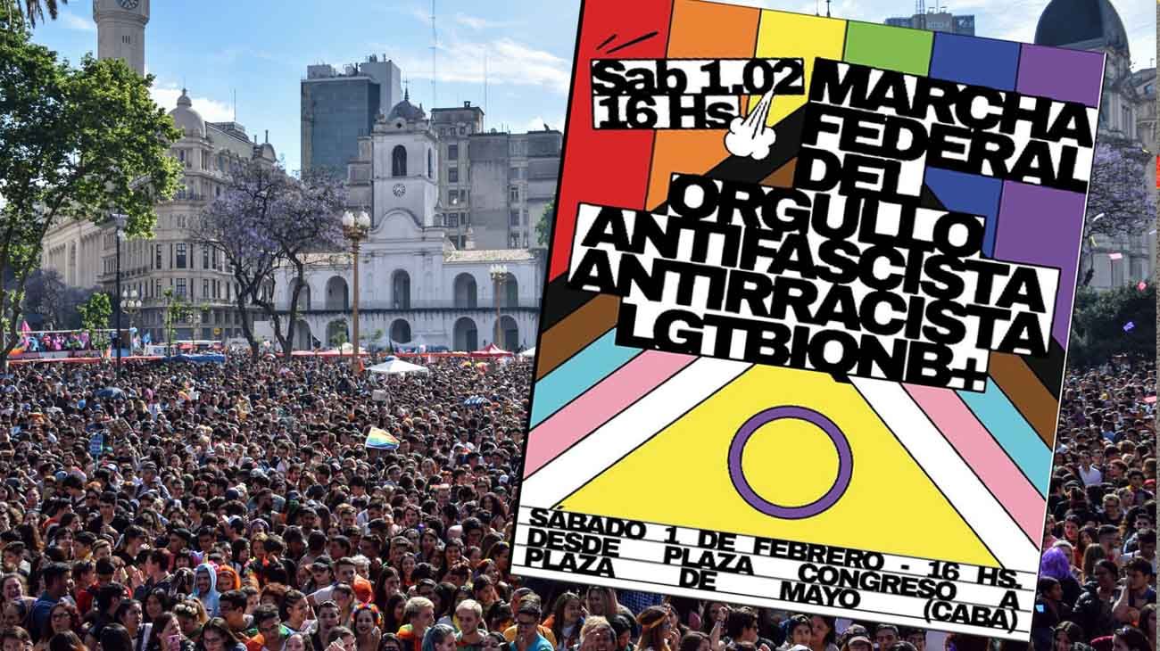 Image: A huge crowd fills the central square on a clear day in Buenos Aires during a demonstration. In the foreground is a colorful
				poster with a LGBTQI+ rainbow flag, including the colors and symbols or trans and intersex justice, which contains text 
				announcing an anti-fascist and anti-racist pride march.