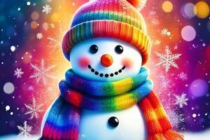 Snowman with rainbow scarf and toque
