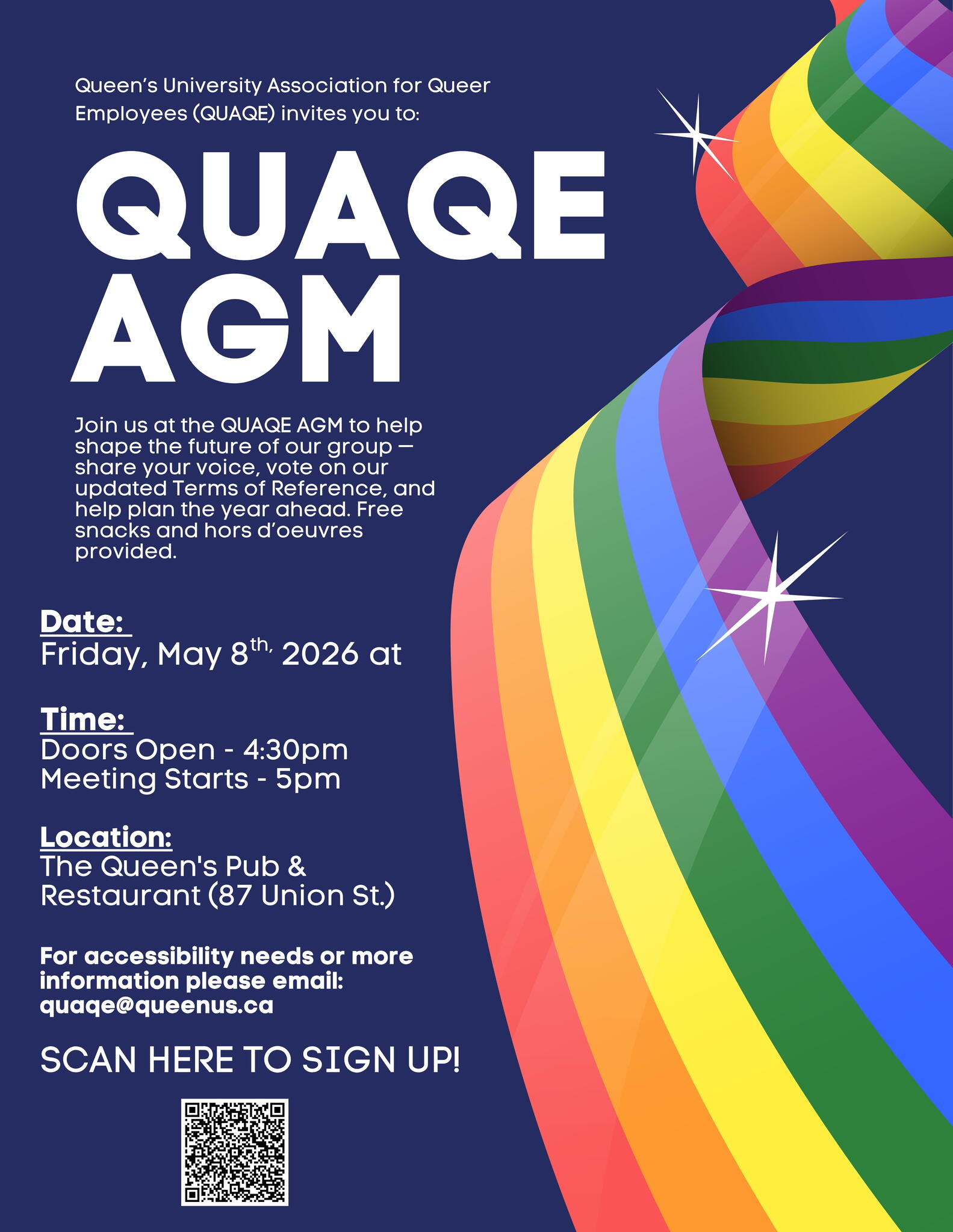 Poster for QUAQE AGM with rainbow ribbon, and details of the event