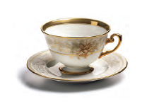 A White Teacup and Sauce with gold rim and gold decorative flowers painted on the side.