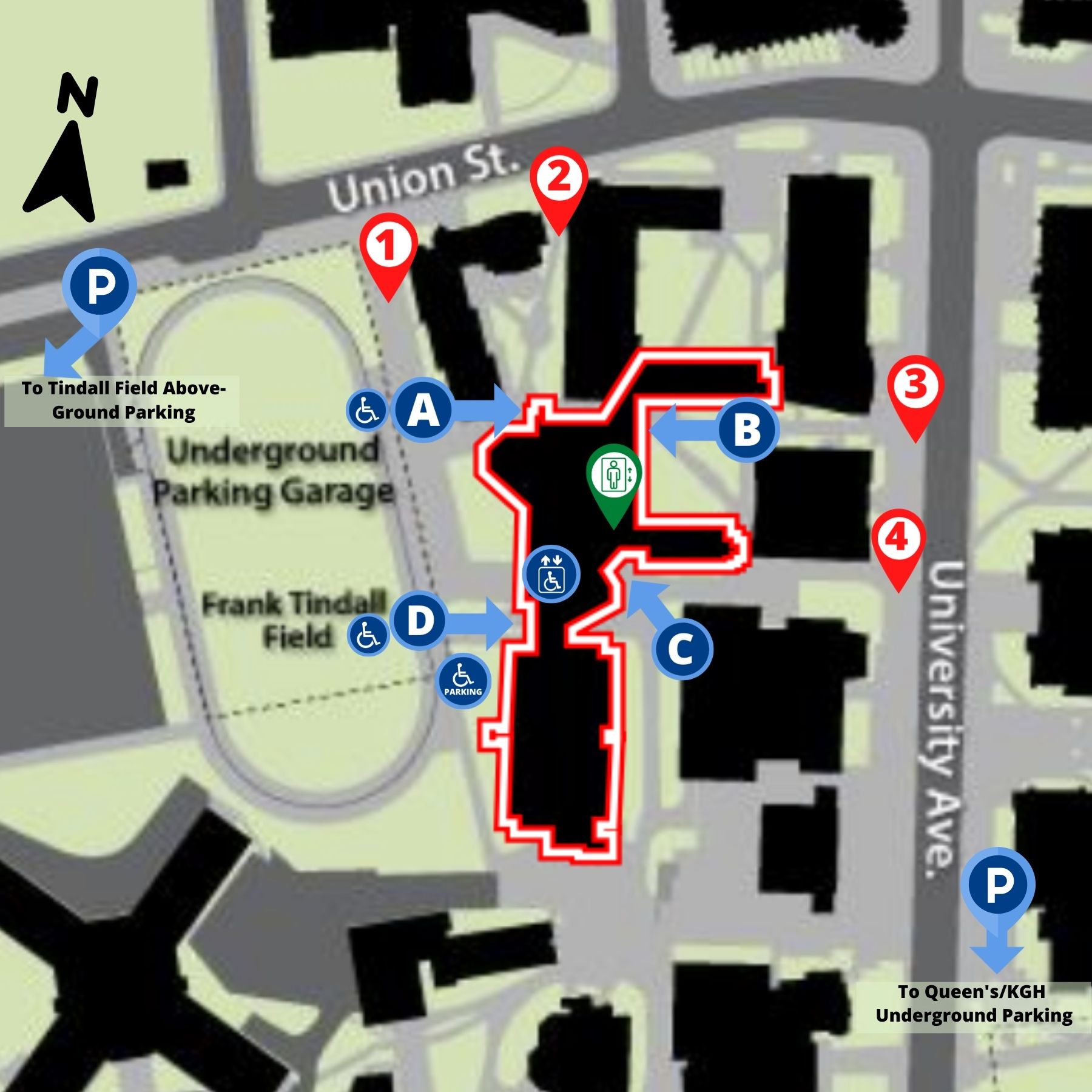 Labelled map of Mackintosh Corry Hall, icons are described in text in next to the image