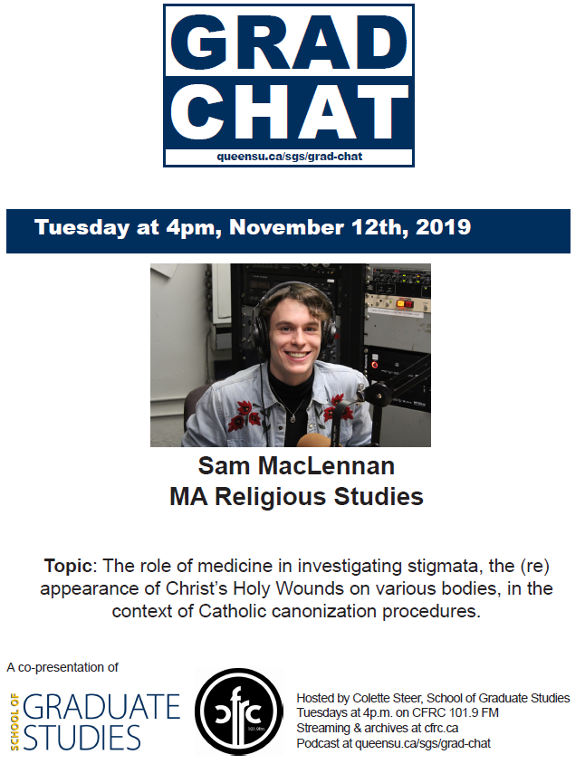 A poster for Sam MacLennan's appearance on Grad Chat