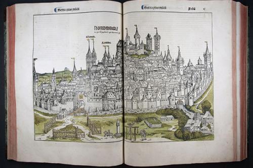 A drawing of a large castle in a book