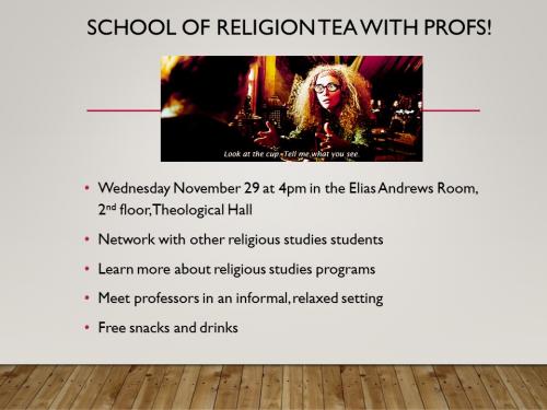 School of Religion Tea With Profs event poster