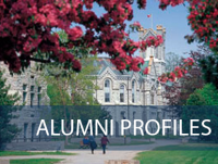 A building on Queen's campus with the words "Alumni Profiles"