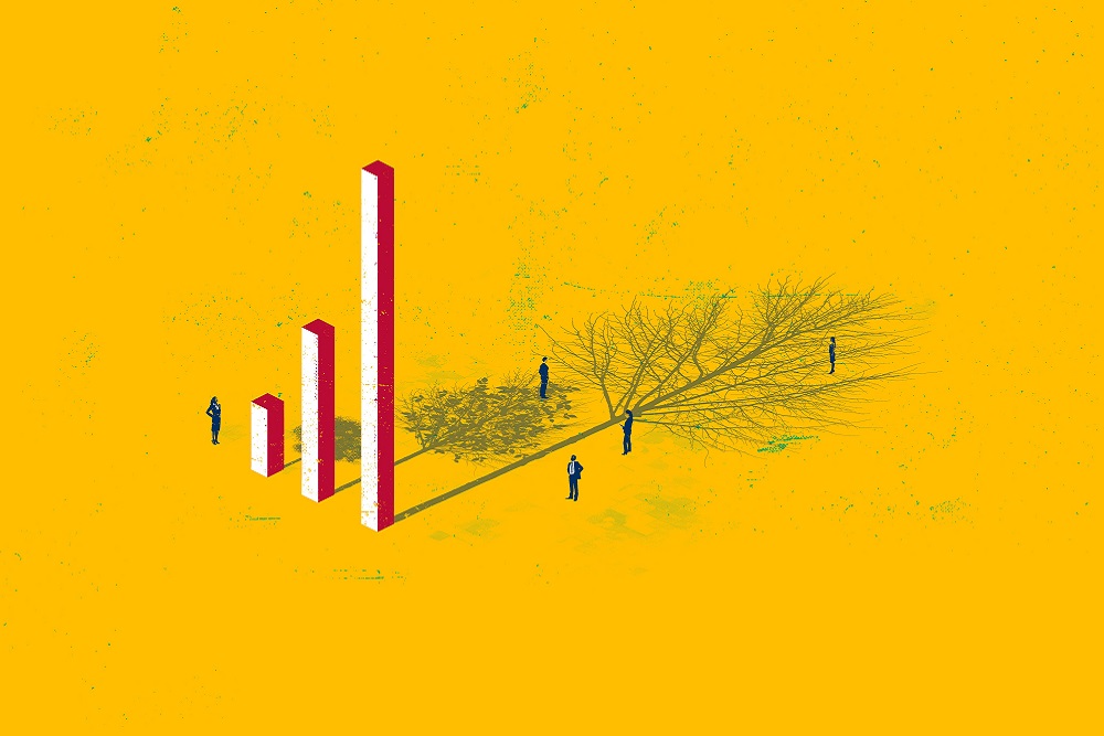 [Illustration of bar chart and mirrored tree by Gary Neill]