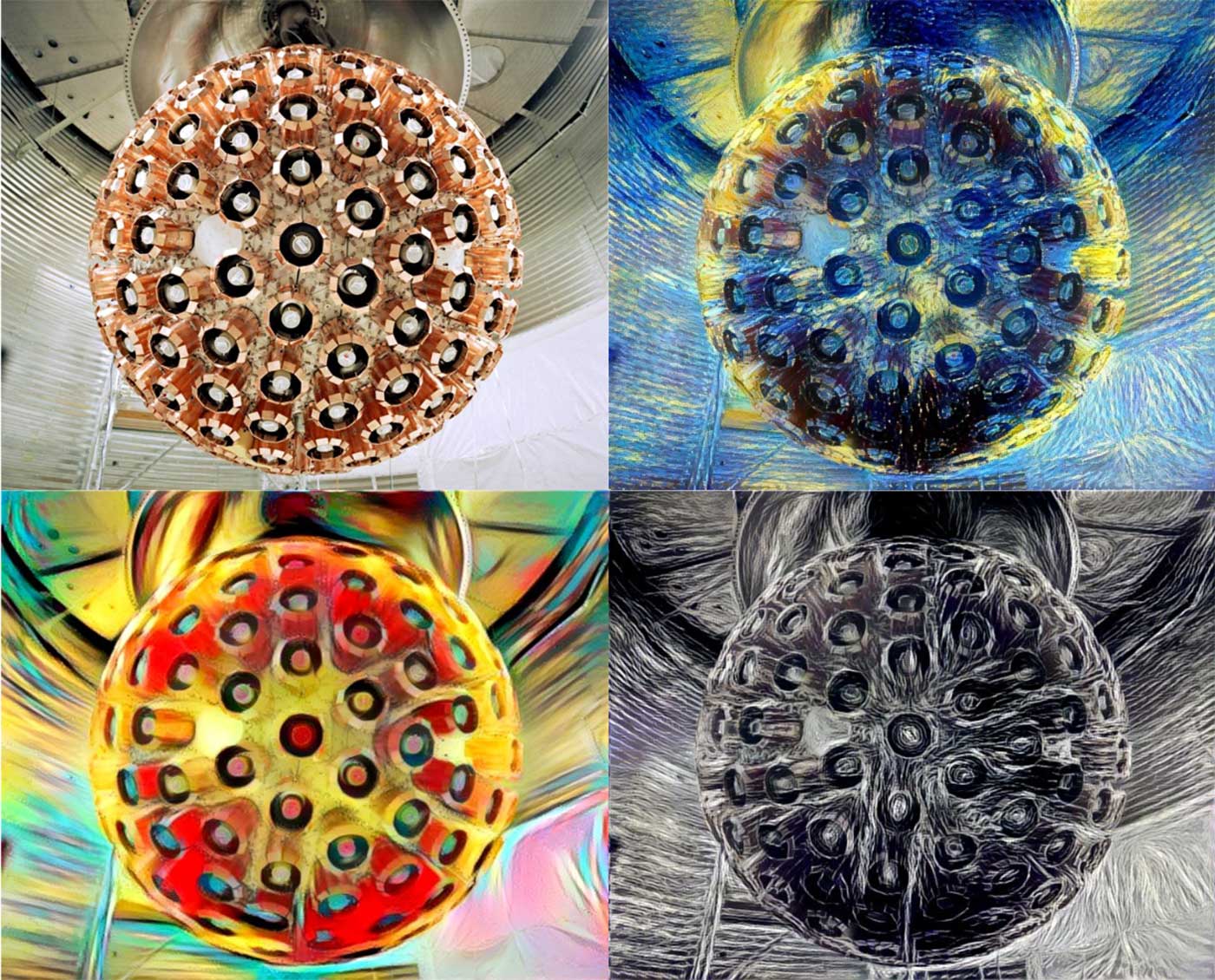Three stylized images alongside the copper cylinders dark matter detector