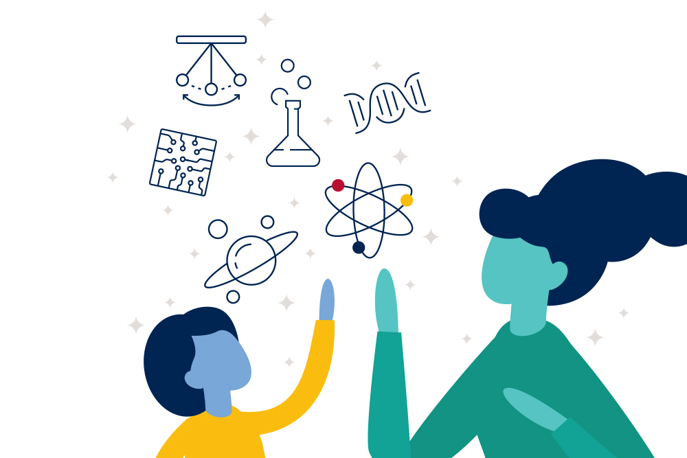[Graphic illustration of a woman and a girl discussing science]