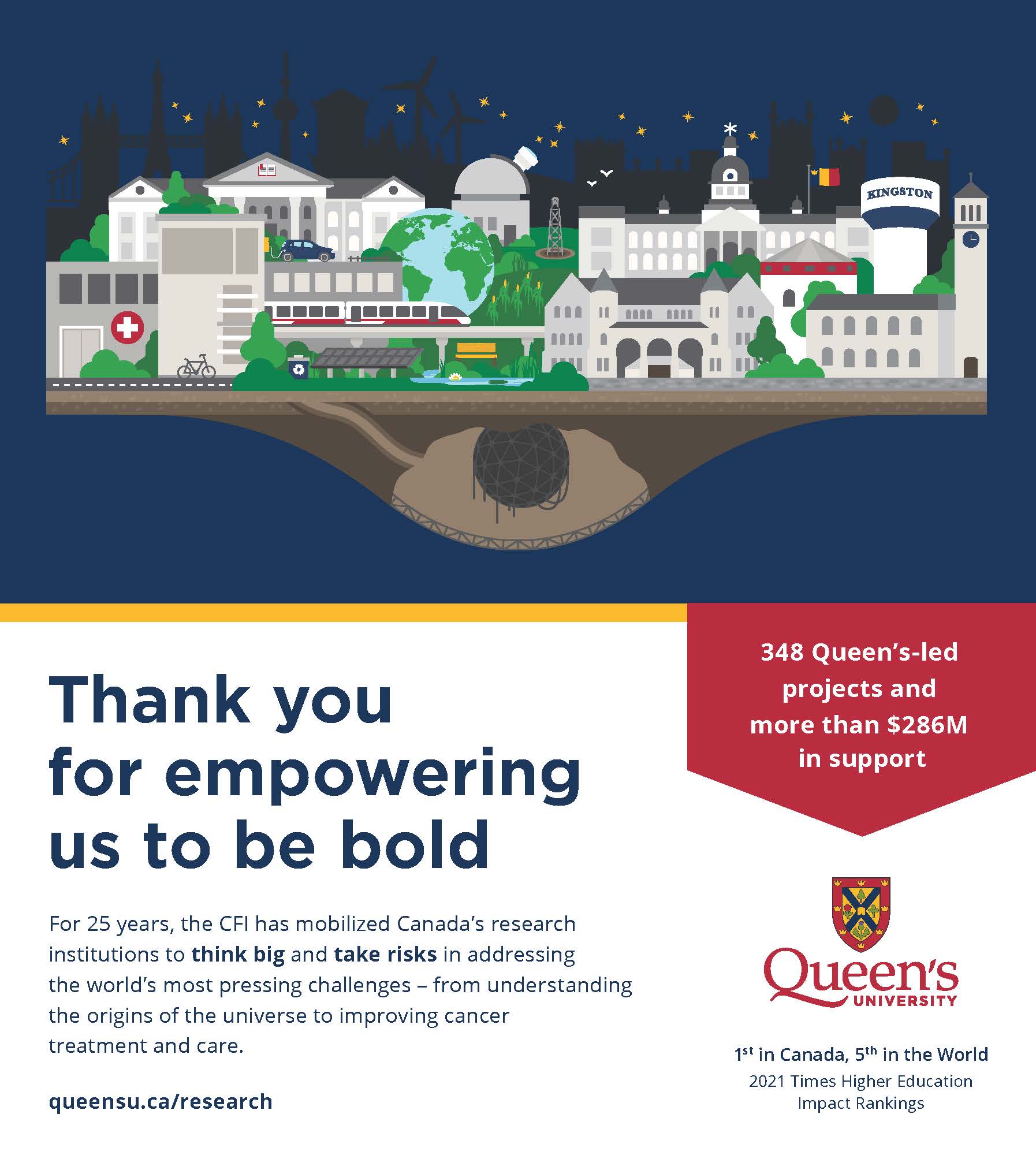[Thank you for empowering us to be bold. For 25 years, the CFI has mobilized Canada's research institutions to think bi and take risks in addressing the world's most pressing challenges - from understanding the origins of the universe to improving cancer treatment and care. queensu.ca/research 