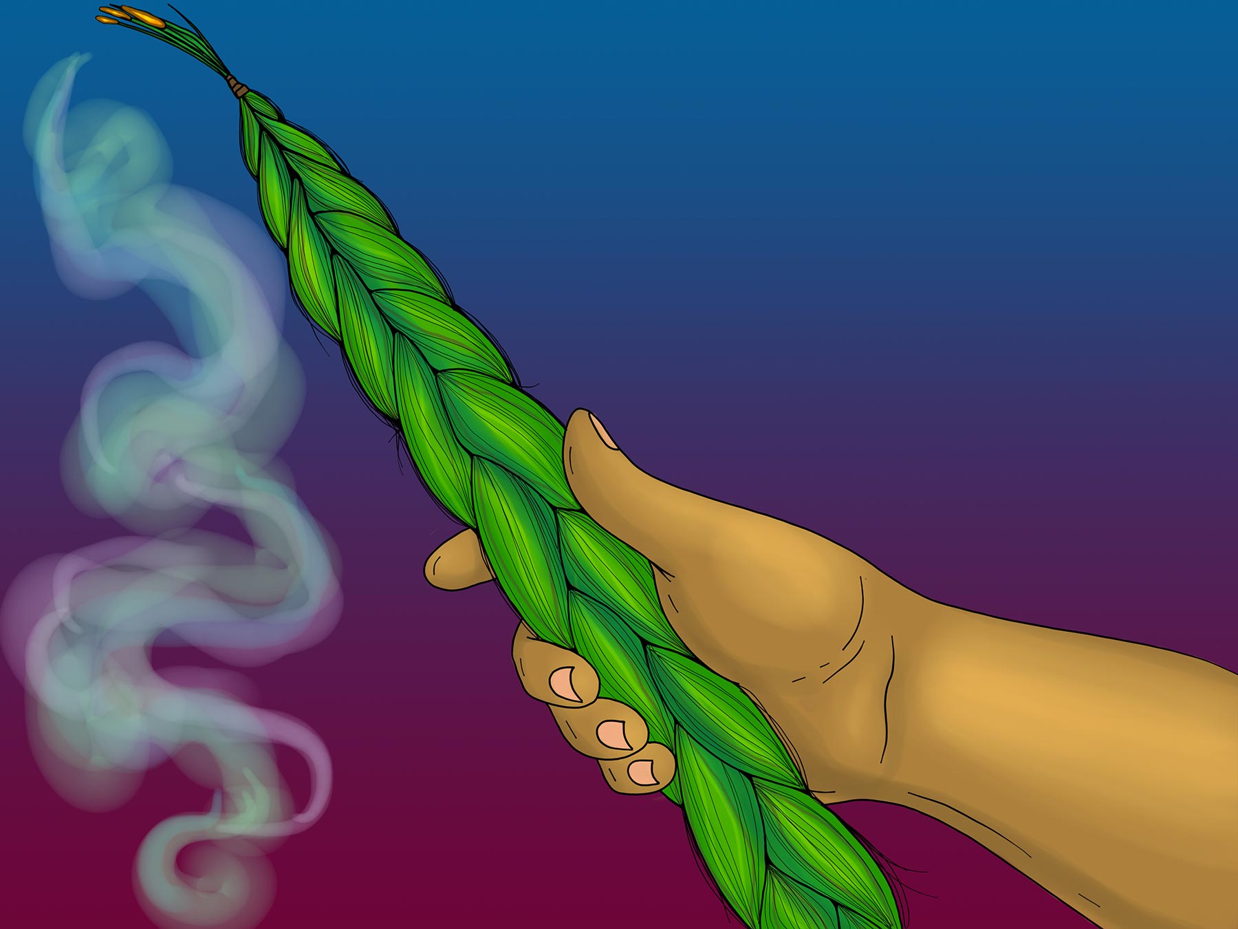 [hand with burning sweetgrass]